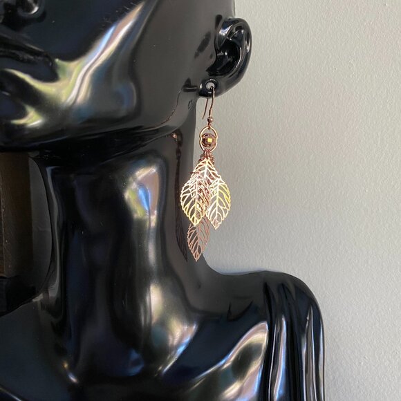 FAC Rose Gold Tone Leaf Spirited Dangle Earrings NWT - Picture 3 of 7